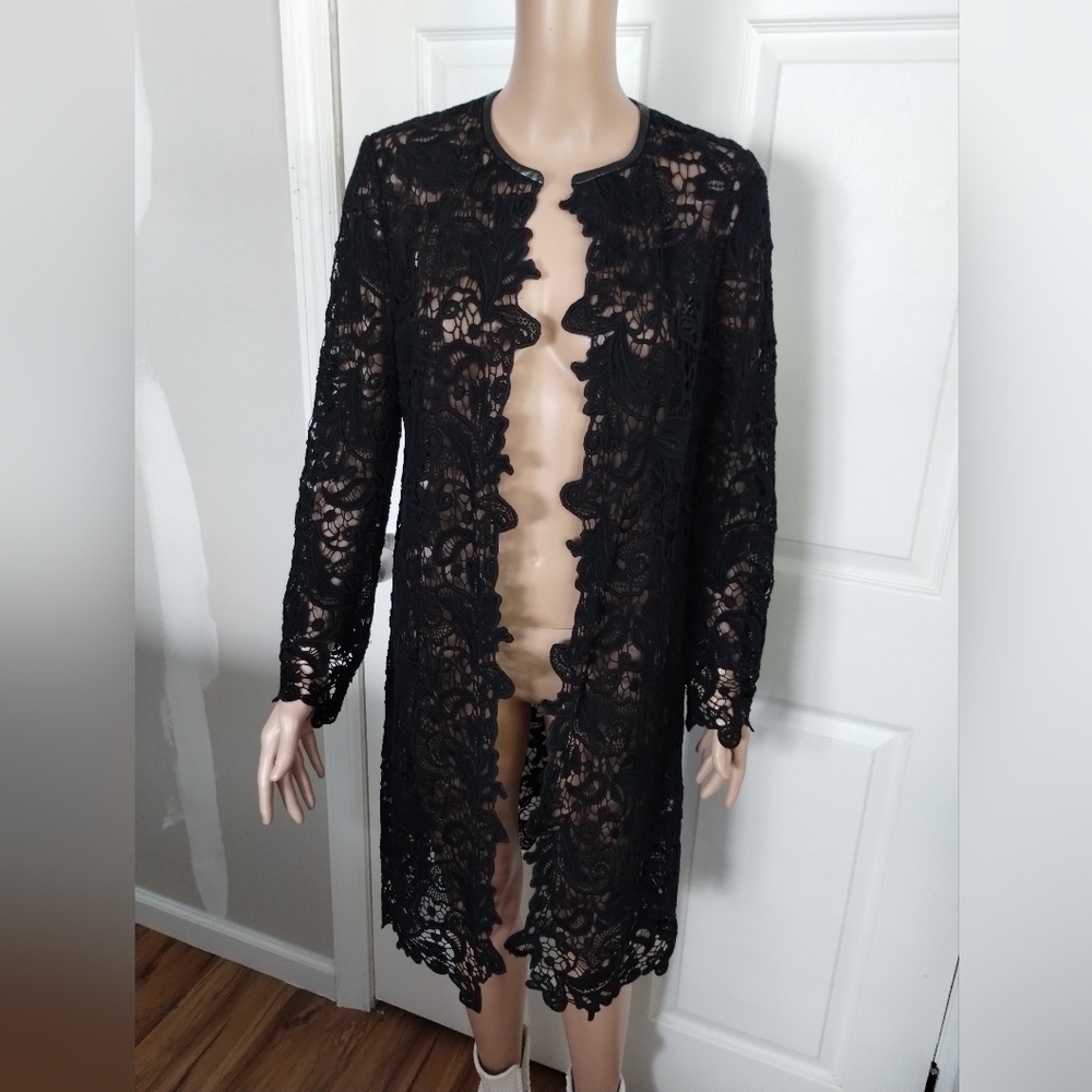 Black Label Ralph Lauren Black Lace with Scalloped Edges Open Front Coat 8